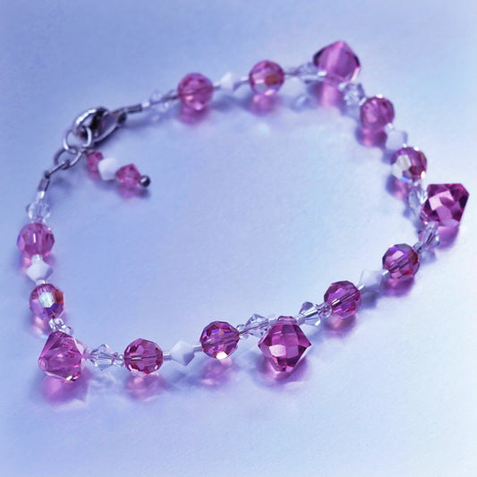 7”, vintage Sterling 925 silver handmade bracelet with pink crystal beads