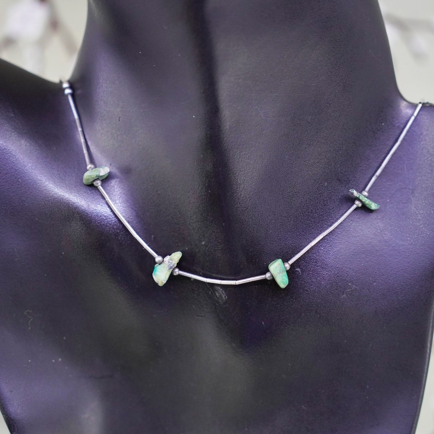 16”, Native American Navajo Sterling necklace 925 liquid silver chain turquoise