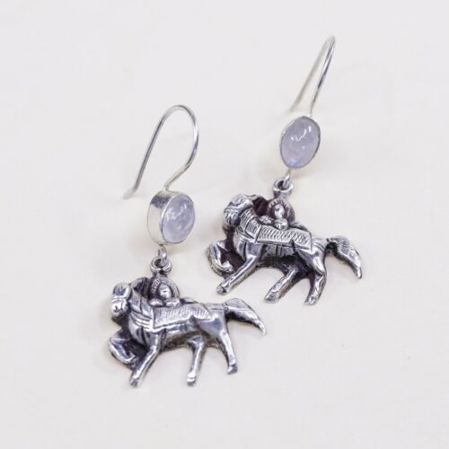 Vtg Handmade 925 Sterling Silver Earrings W/ Puffy Horse Dangles W/ Moonstone