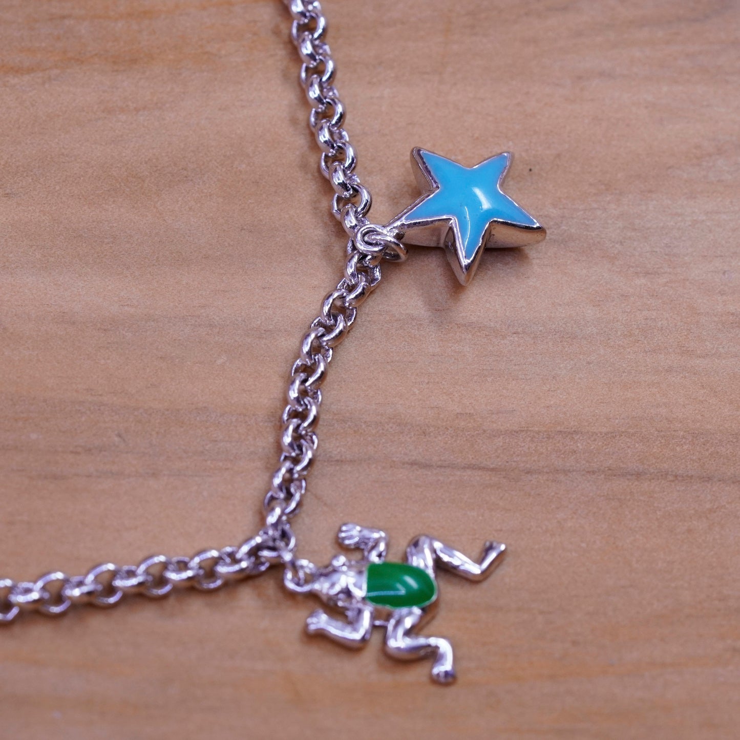 7.25”, Sterling silver bracelet, Italy 925 circle chain enamel frog butterfly