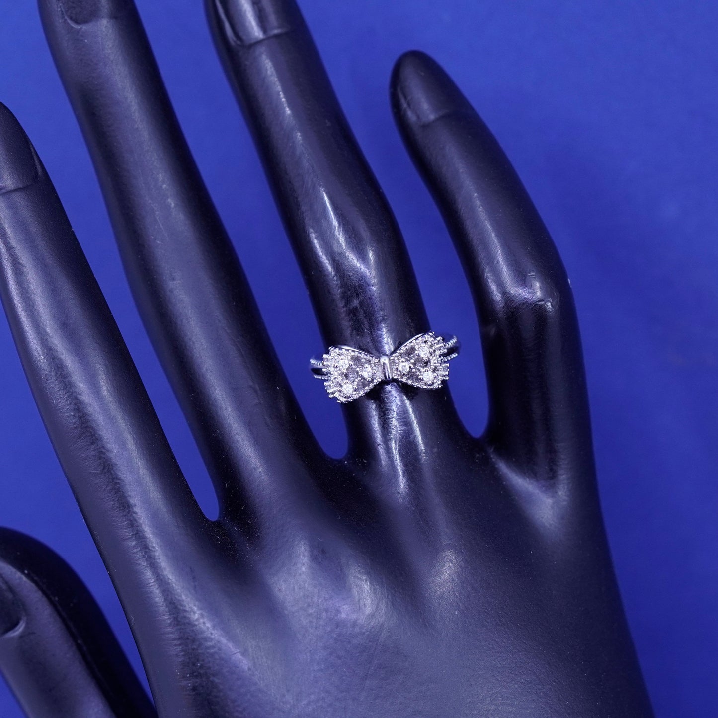 Size 5, vintage Sterling silver handmade ring, 925 bow tie ribbon ring with cz