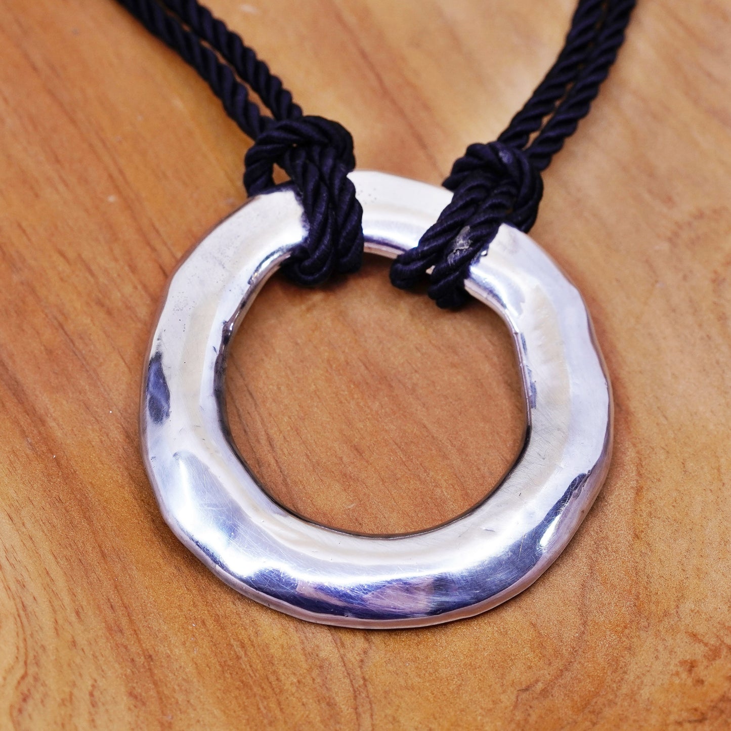 16”, vtg Sterling 925 silver circle pendant with black silk rope chain necklace