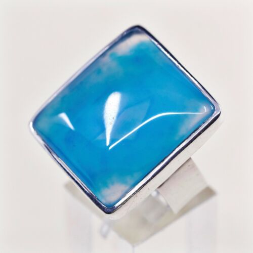 Sz 10, Vtg 925 sterling silver handmade Statement ring W/ Dendritic Blue agate