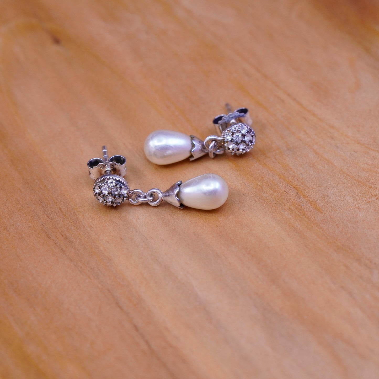 Vintage Sterling 925 silver handmade earrings with teardrop pearl and Cz