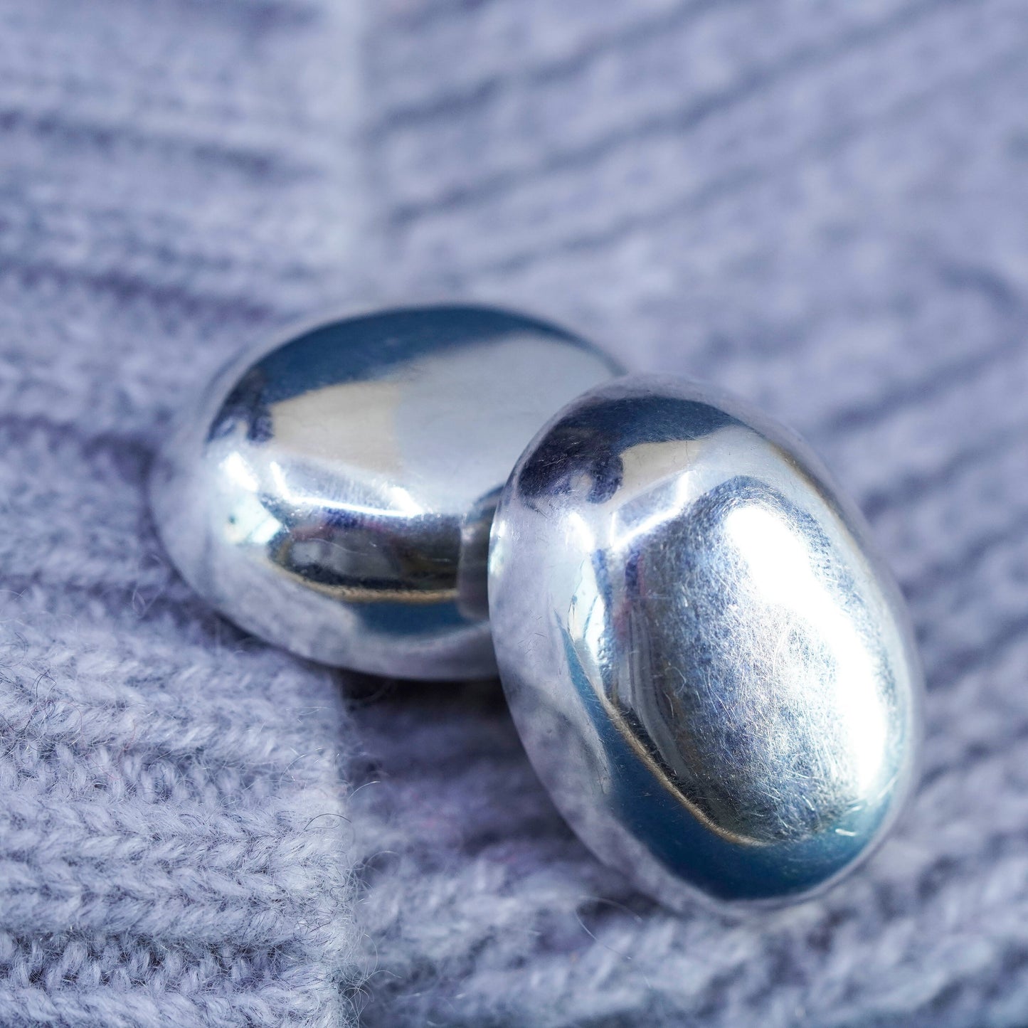 Vintage Sterling silver handmade earrings, 925 oval button clip on earrings