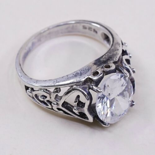 Sz 5.5, Vtg Sterling silver handmade ring, 925 Filigree band W/ CZ N Heart
