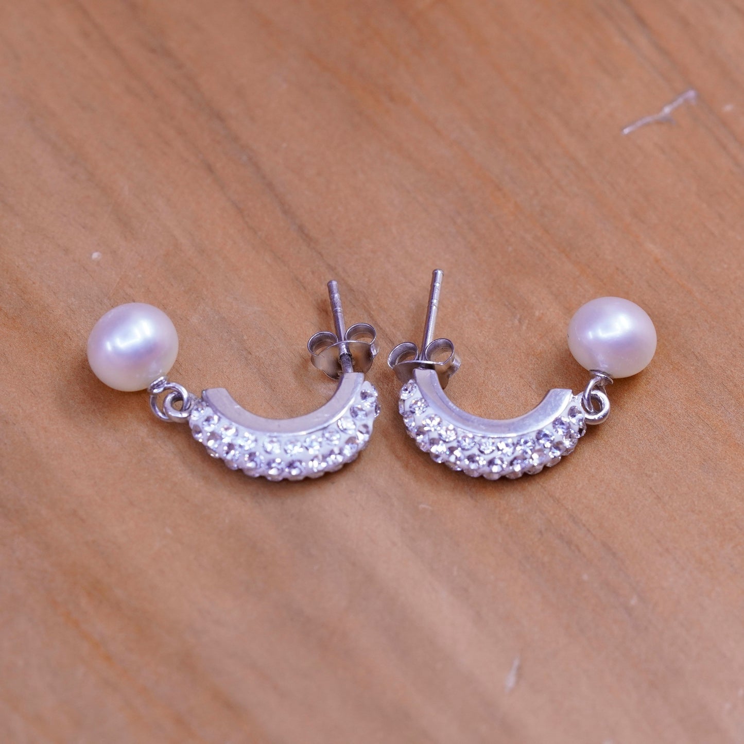 Vintage Sterling silver handmade earrings, 925 Huggie hoops cluster cz pearl