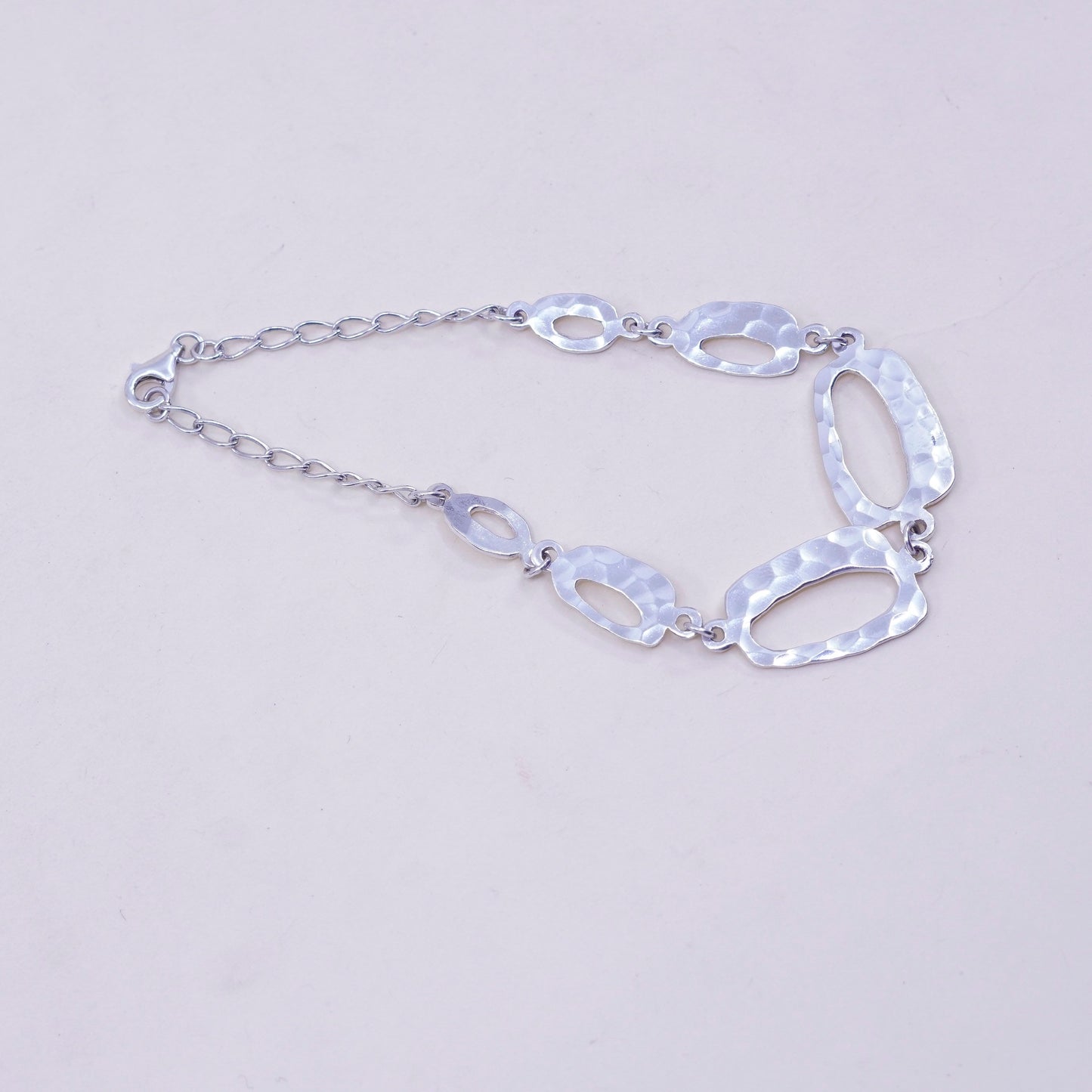 7.75”, vtg sterling silver charm bracelet, 925 hammered textured circle chain