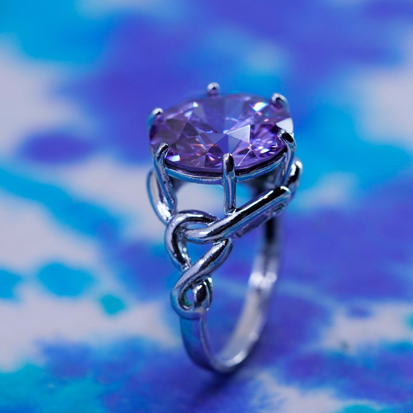 Size 7.75, vtg Sterling 935 silver handmade ring w/ mega shiny amethyst ring