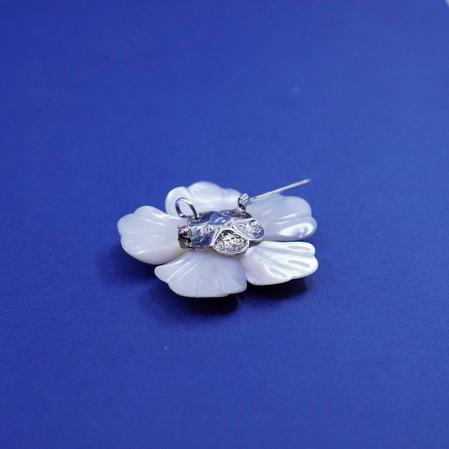 Vintage BJ sterling 925 silver handmade brooch pendant mother of pearl flower