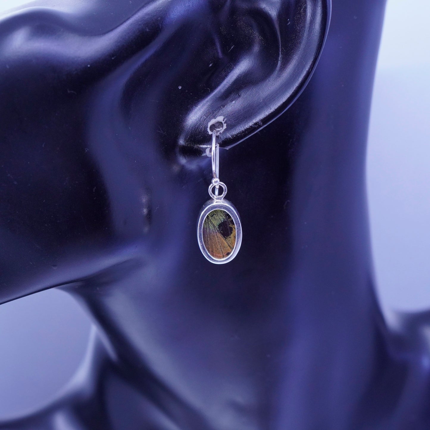 Vintage Sterling 925 silver handmade earrings with oval resin butterfly wings