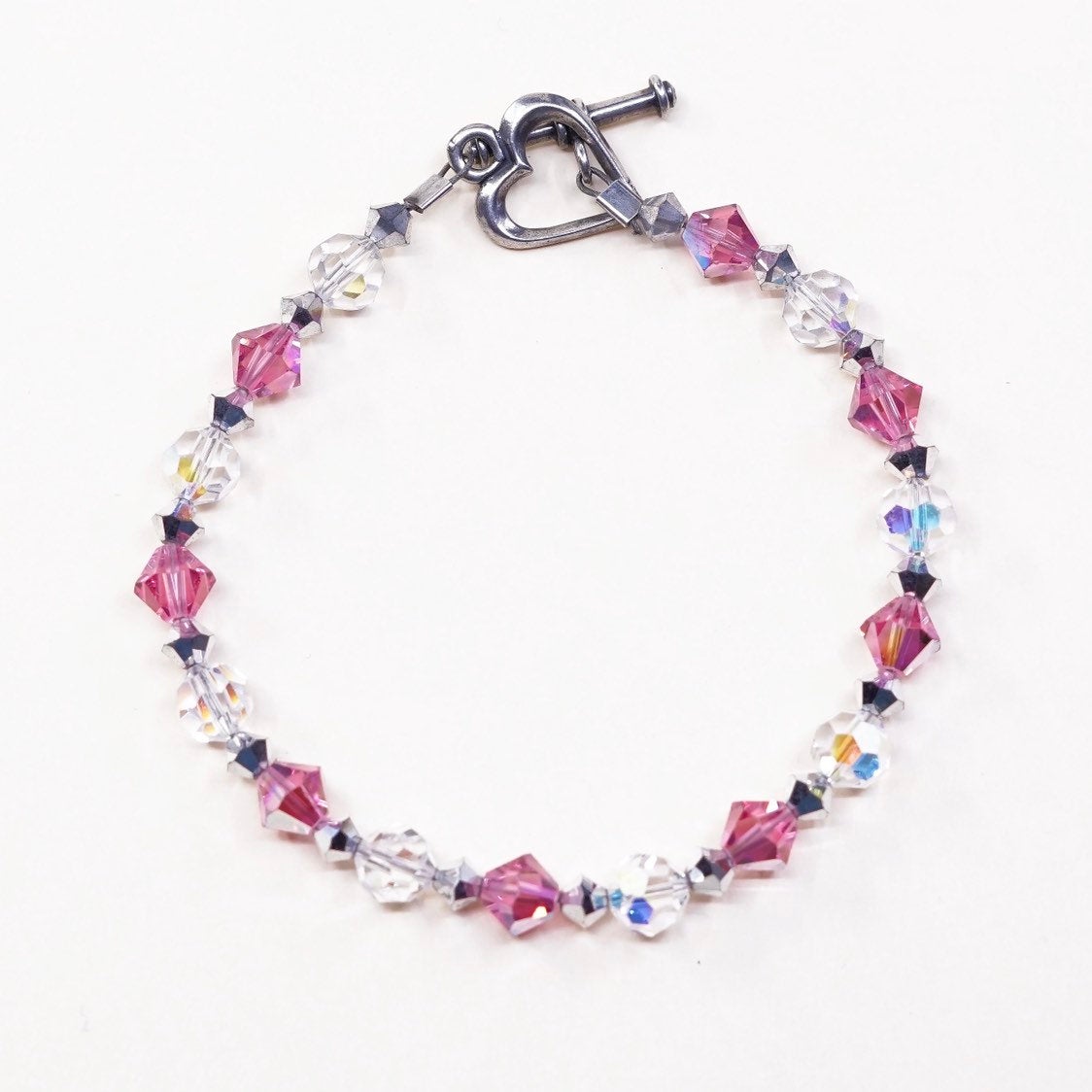 6.5”, VTG Sterling silver handmade bracelet, 925 heart toggle w/ pink crystal