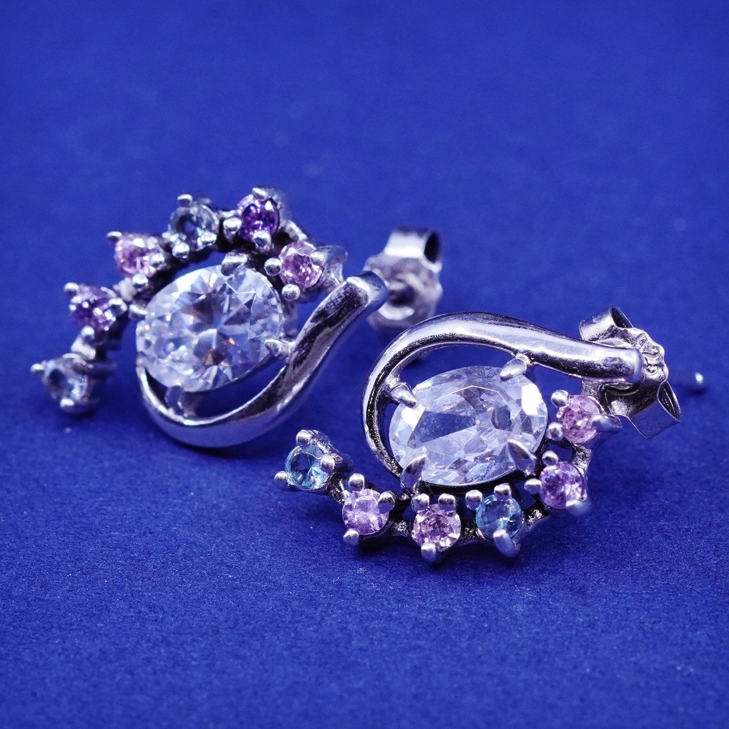 Vintage sterling silver handmade earrings, 925 studs with CZ inlay