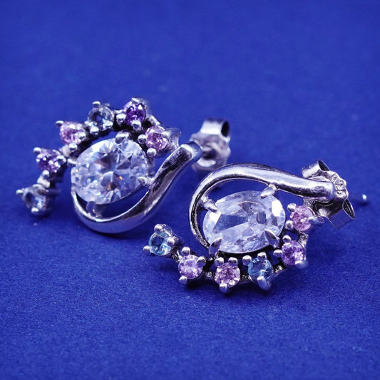 Vintage sterling silver handmade earrings, 925 studs with CZ inlay