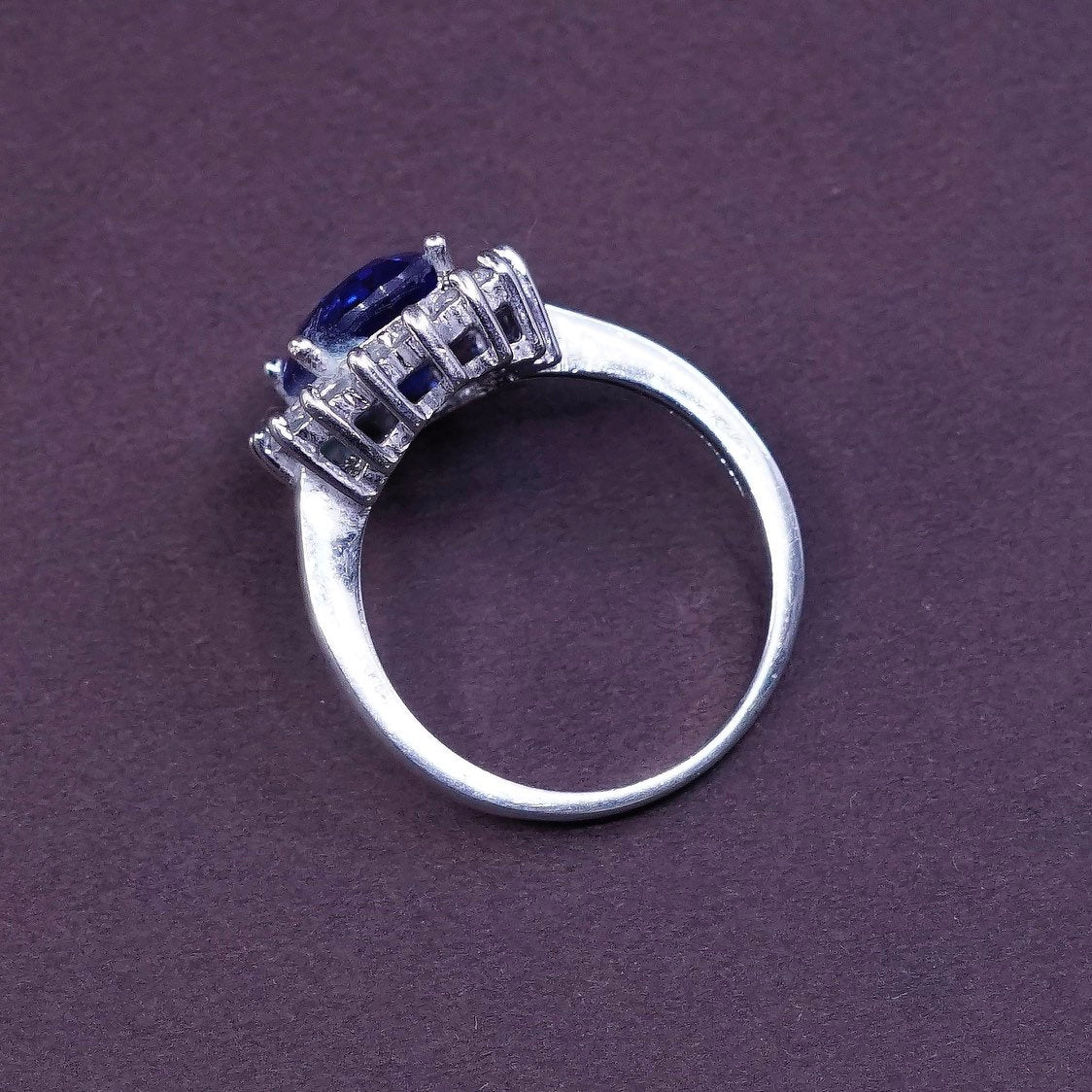 sz 6.25, vtg sterling silver handmade ring, 925 w/ crystal N sapphire details