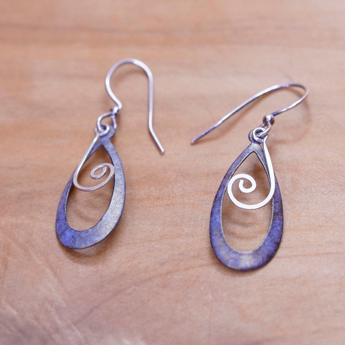 Vintage Sterling silver handmade earrings, 925 teardrops with swirly dangle