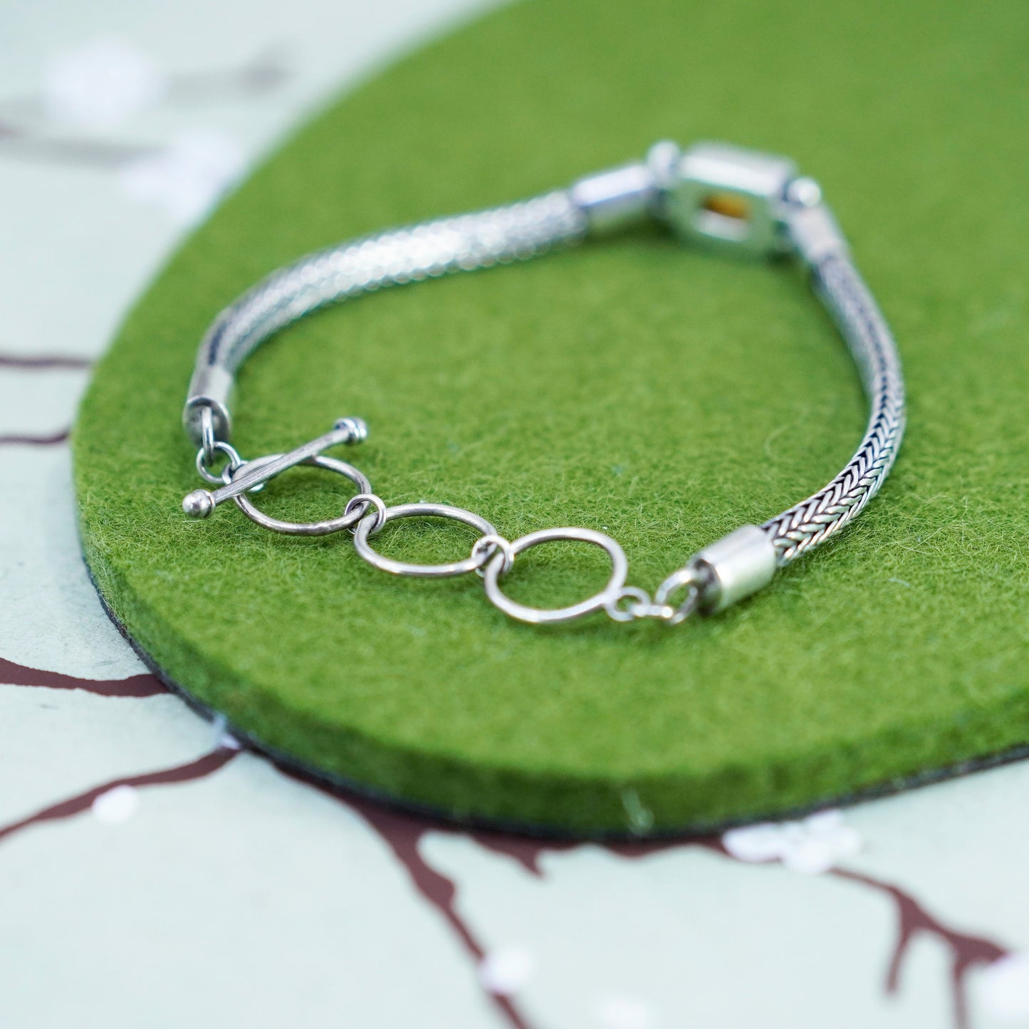6.5”+1”, vintage sterling silver handmade bracelet, 925 wheat chain w/ citrine