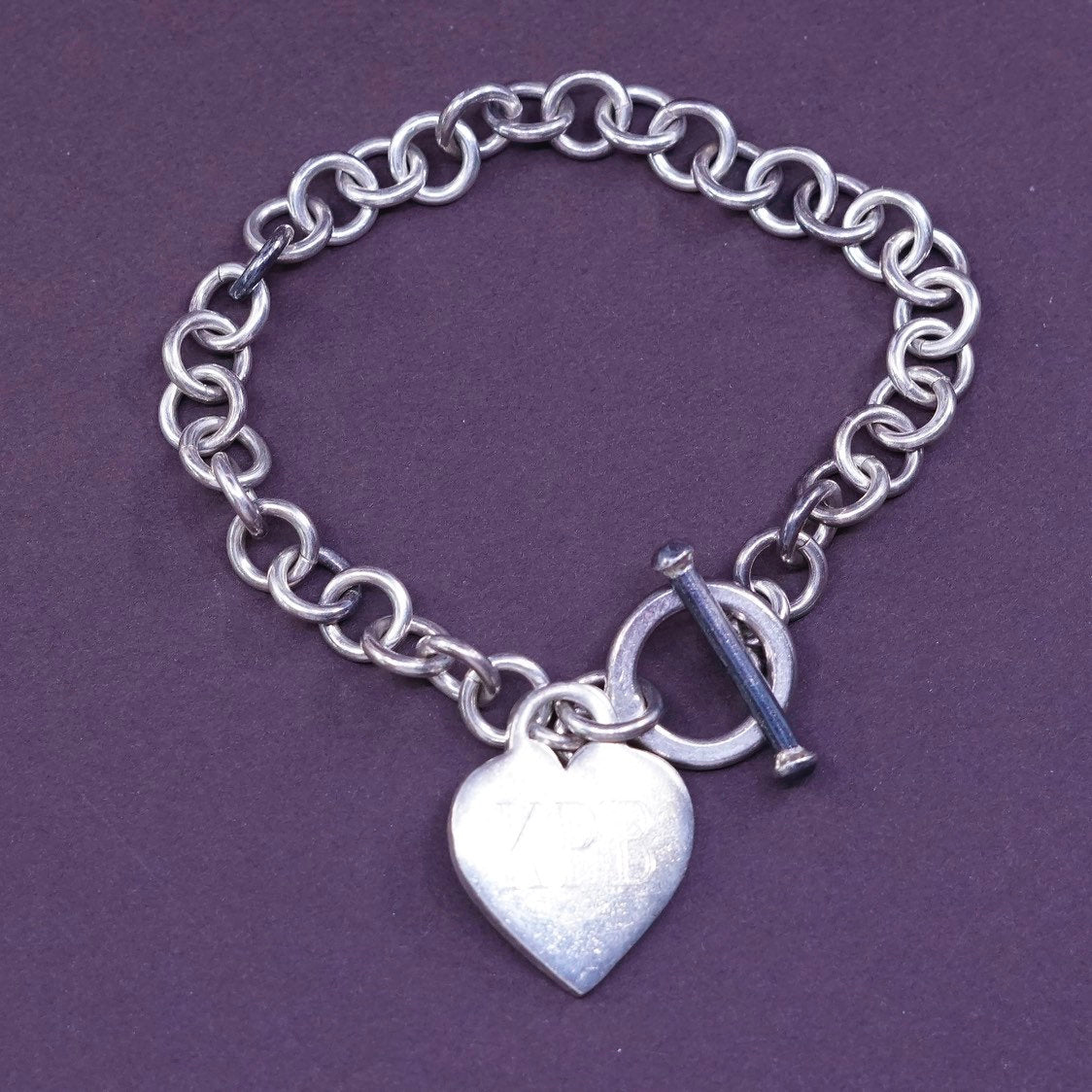 6.25", 7mm, vtg Sterling 925 silver handmade monogram “KPB” bracelet toggle