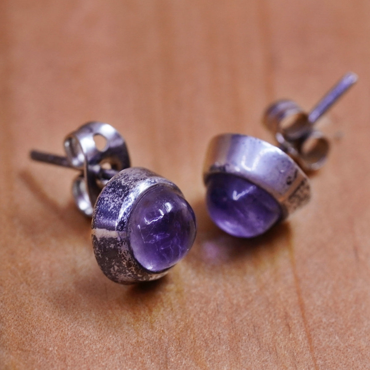 Vintage Sterling silver handmade earrings, 925 amethyst round studs