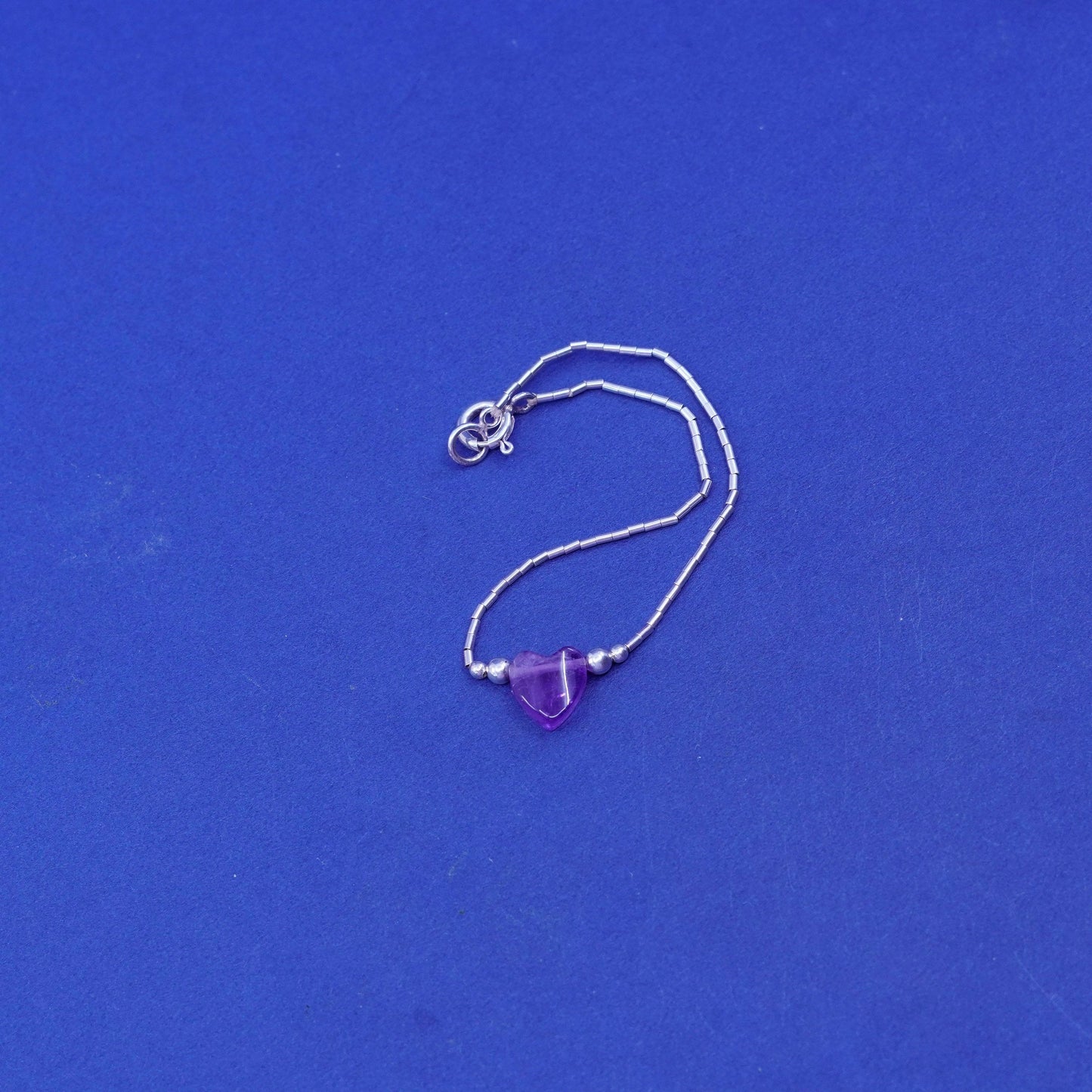 6.25”, vtg sterling handmade bracelet, 925 liquid silver chain amethyst heart