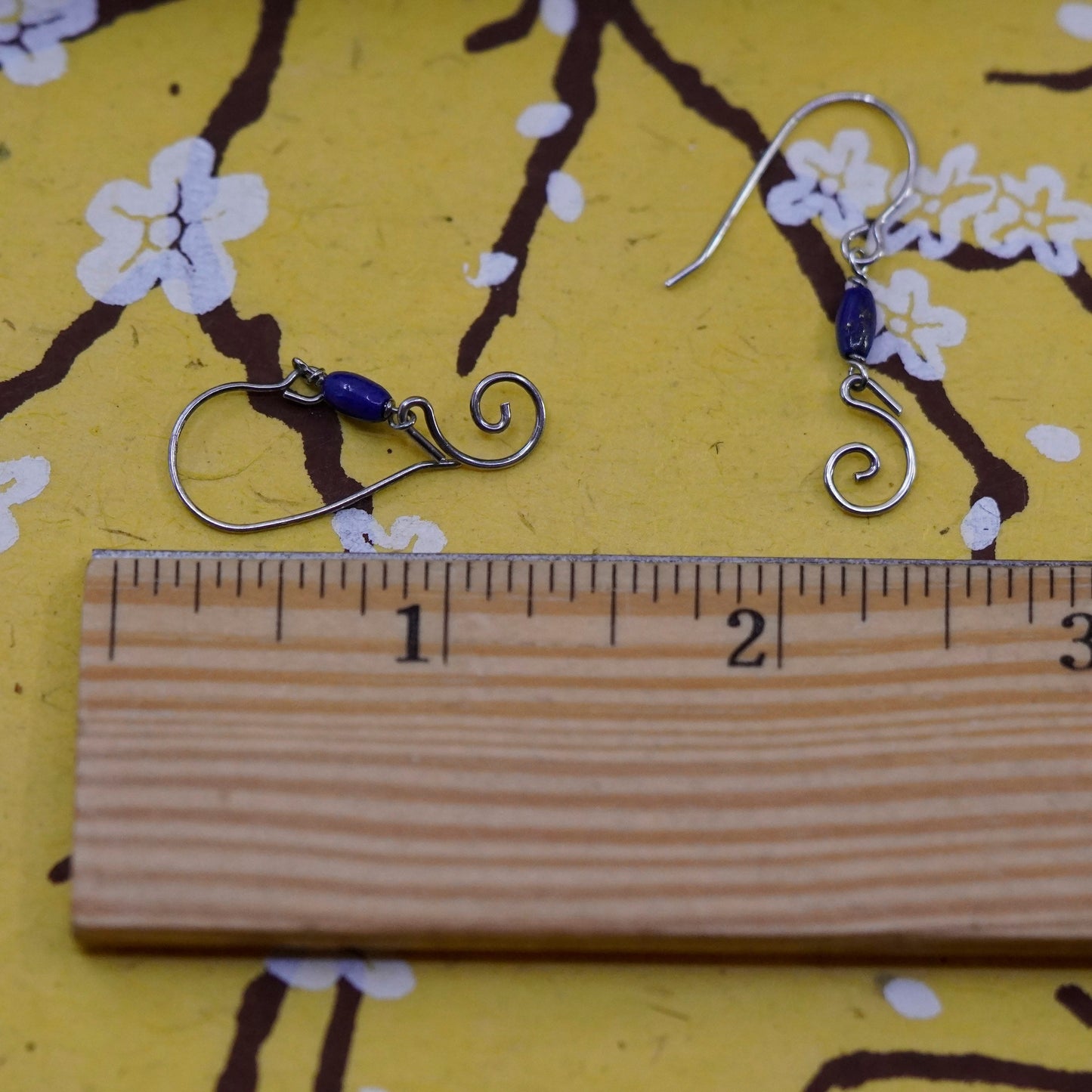 Vintage sterling silver handmade earrings, 925 swirly drops with lapis