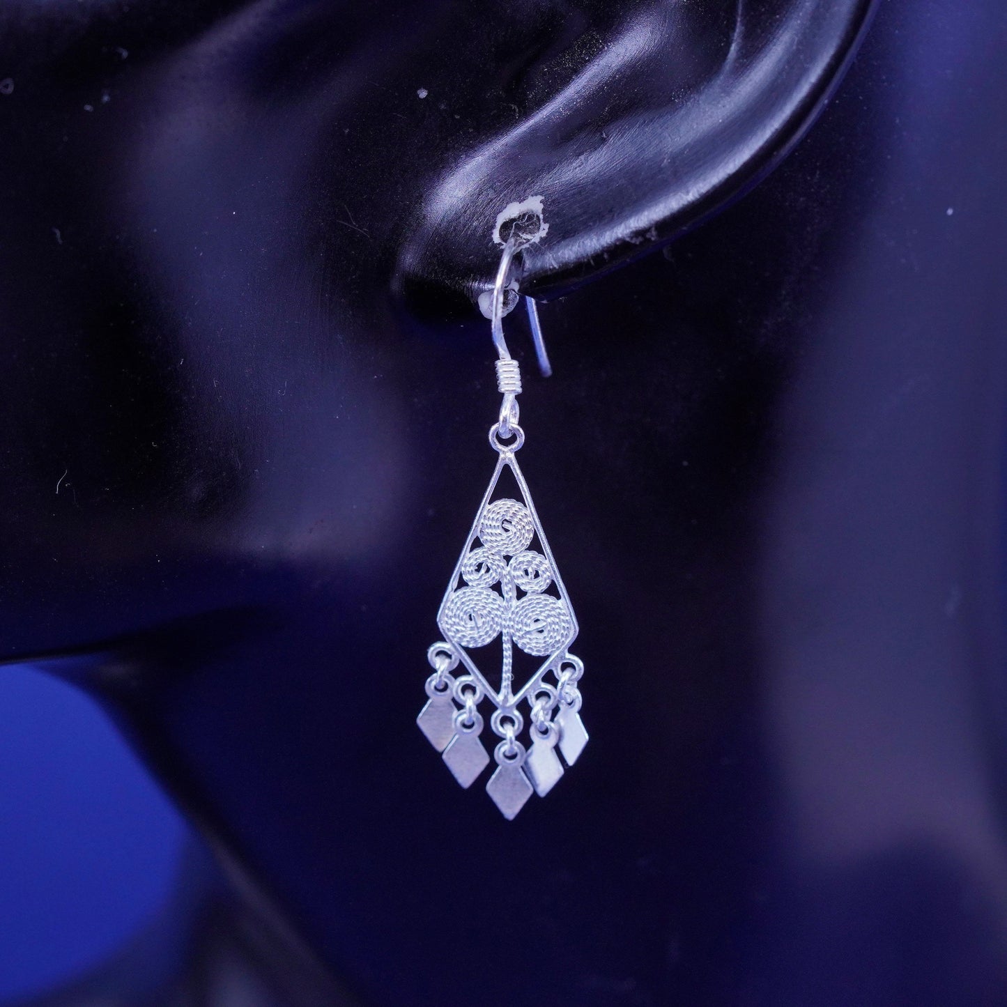 Vintage sterling silver handmade earrings, 925 filigree drop with fringe