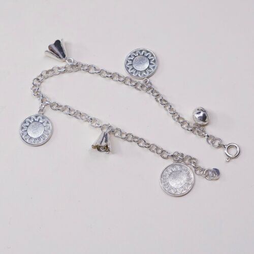 6.75”, 3mm, Vtg Sterling Silver Bracelet 925 Circle Chain W/ Sunflower N Chime