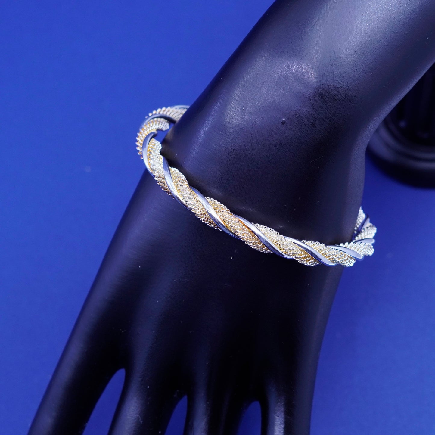 7”, sterling silver handmade bracelet, 925 twisted mesh cable cuff w/ beads end