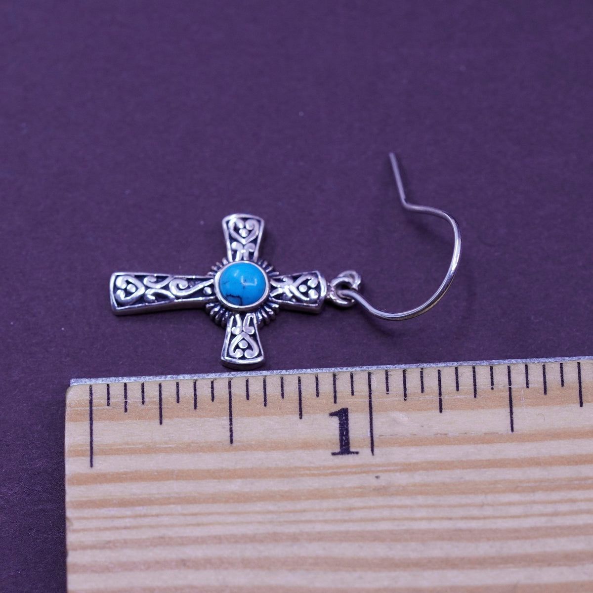 Vintage Sterling silver handmade earrings, 925 Bali cross with turquoise