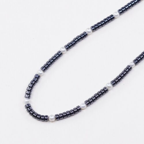 Southwestern Native American Heishi Necklace, Hematite W/ Pearl N 925 Sterling