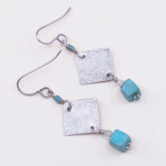 Vintage Sterling 925 silver handmade tag earrings, with cube turquoise