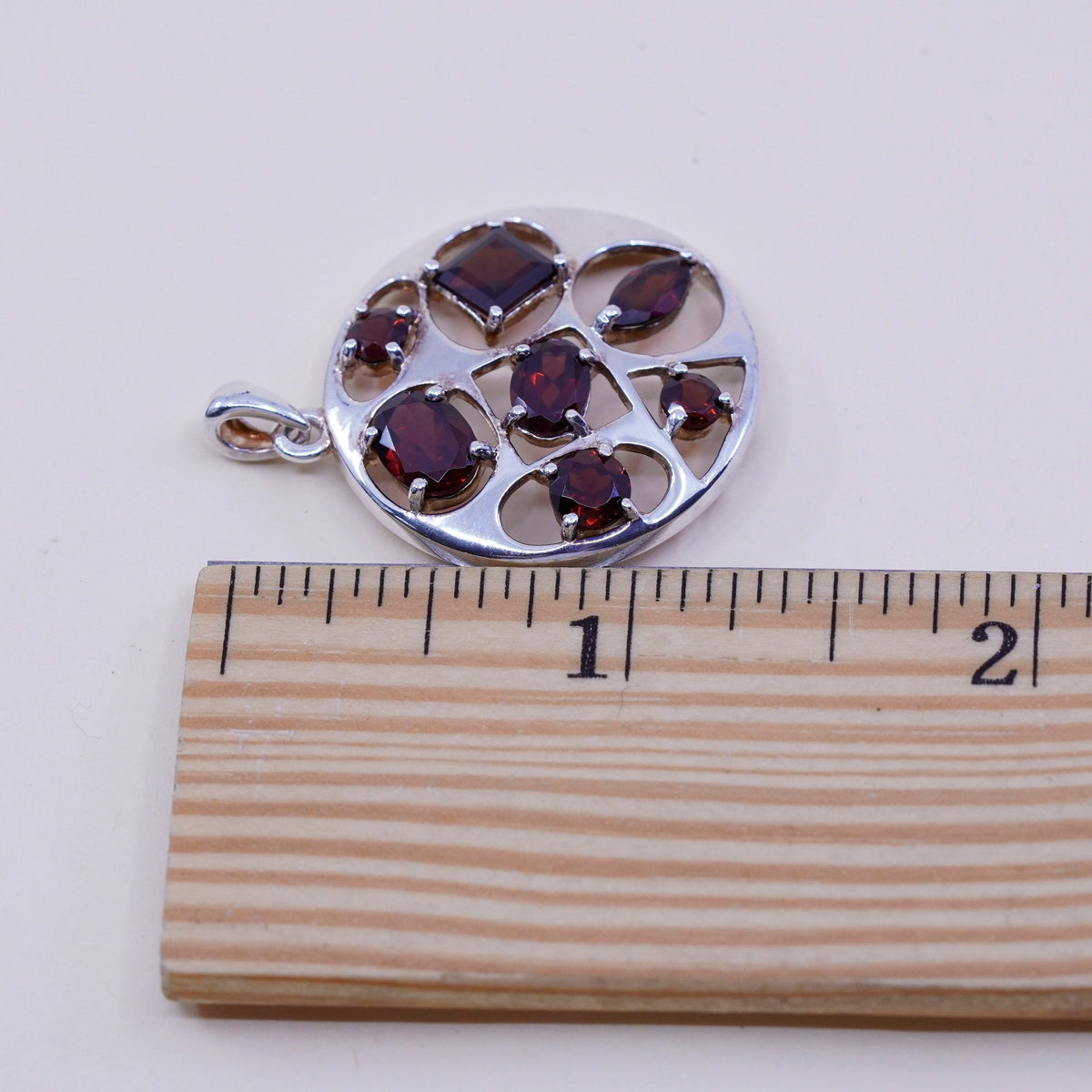 Vintage sterling silver handmade pendant, modern 925 circle with ruby