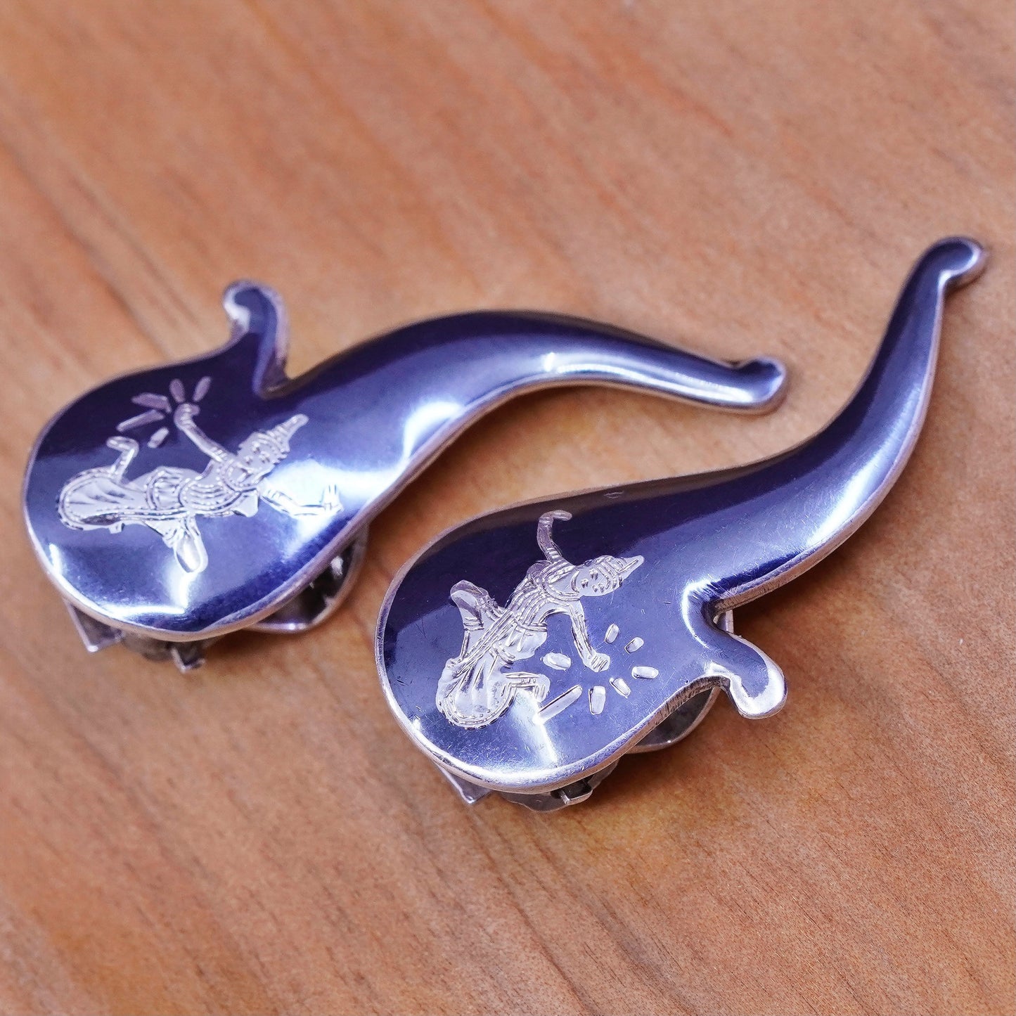 Siam sterling silver clip on earrings, 925 teardrop earrings, niello, Siam