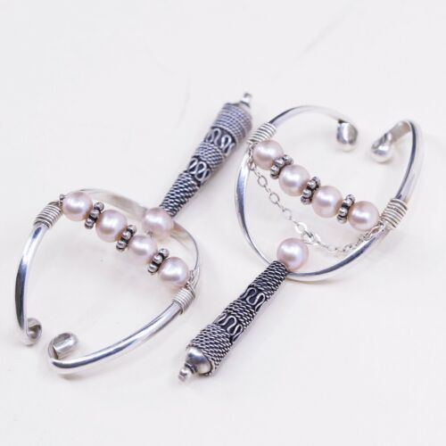 Clip On handmade Sterling 925 Silver earrings W/ Pink Pearl N Teardrop Dnagles