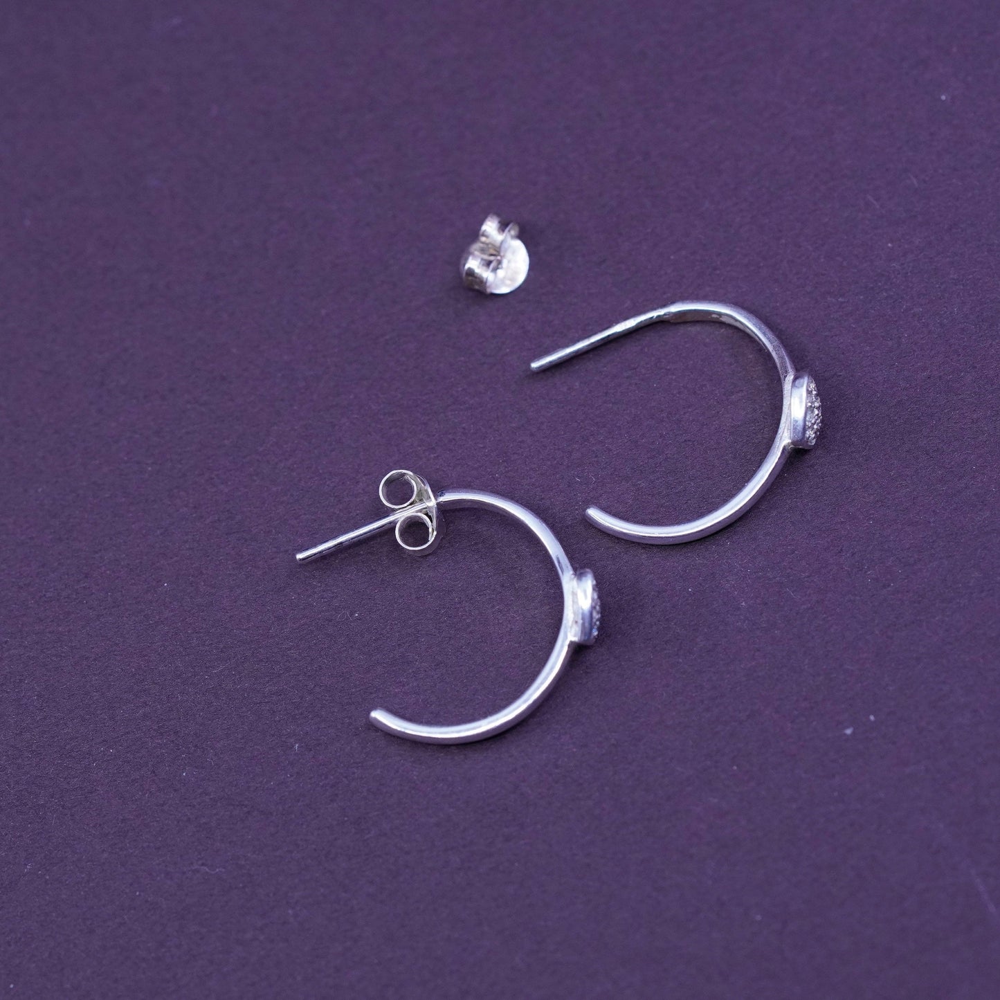0.75”, Sterling silver handmade earrings, 925 hoops, huggie w/ heart N diamond