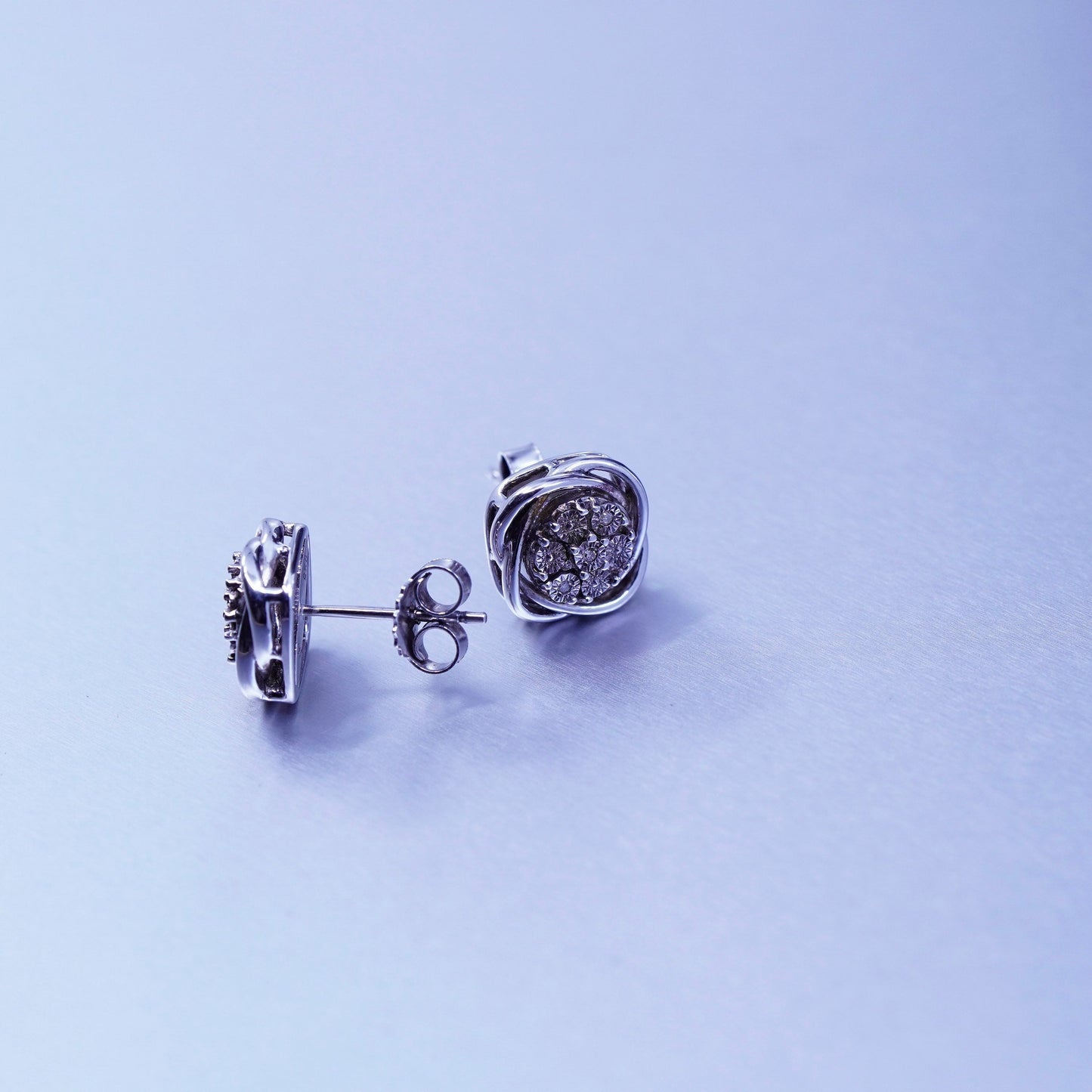 Vintage Sterling 925 silver earrings, entwined studs with diamond inlay