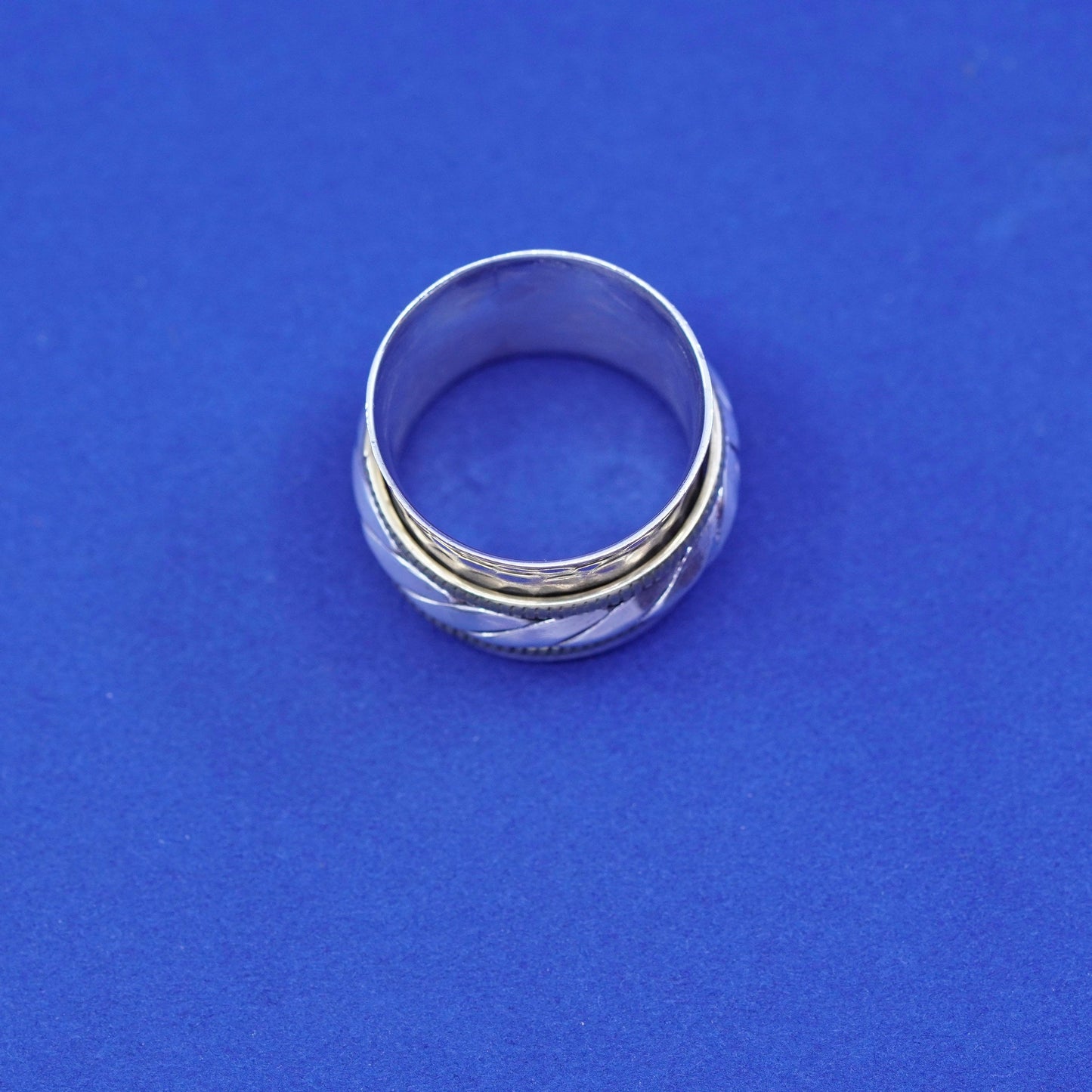 Size 6.5, vtg two tone sterling silver band with copper cable, 925 spinner ring