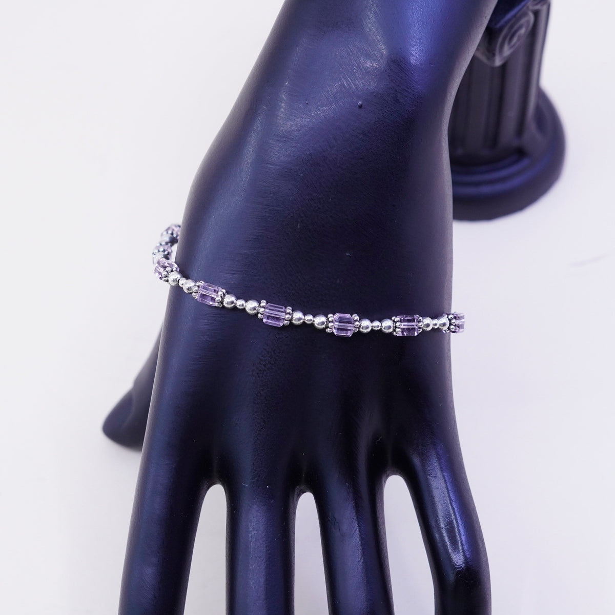 7.5”, Vintage Sterling 925 silver bracelet with pink crystals beads
