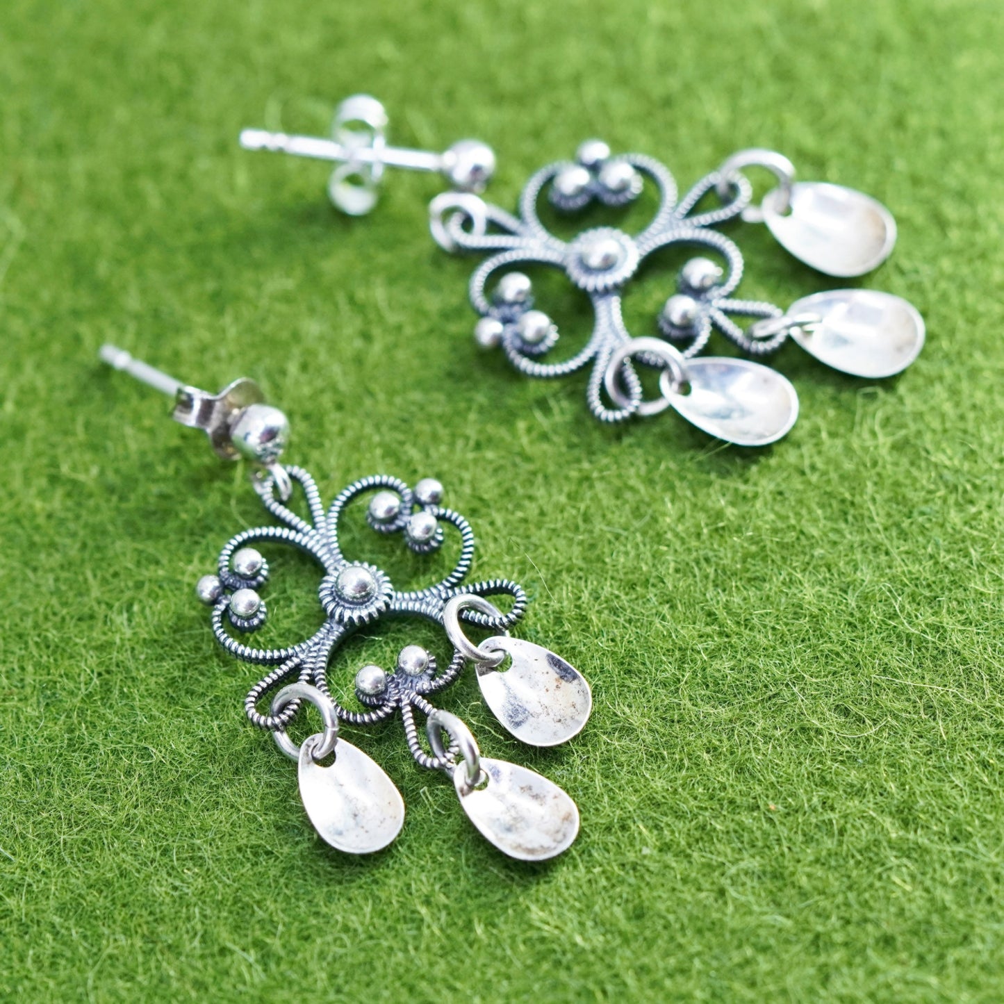 Vintage sterling silver handmade earrings, filigree 925 clover teardrop dangles