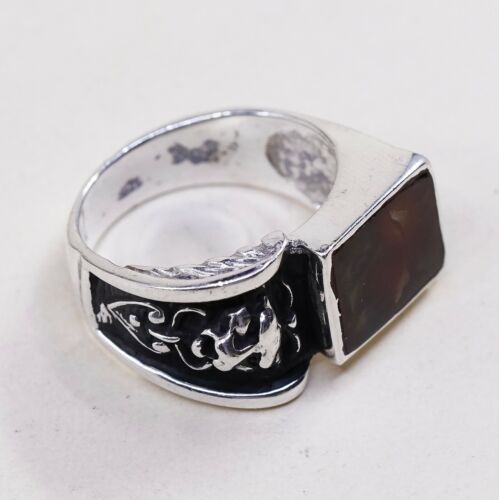 Sz 8.5, Vtg Statement Ring in Sterling Silver W/ Abalone N Leopard Face