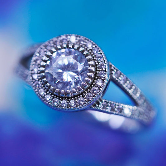 Size 8, vintage Sterling 925 silver engagement ring with cluster Cz around