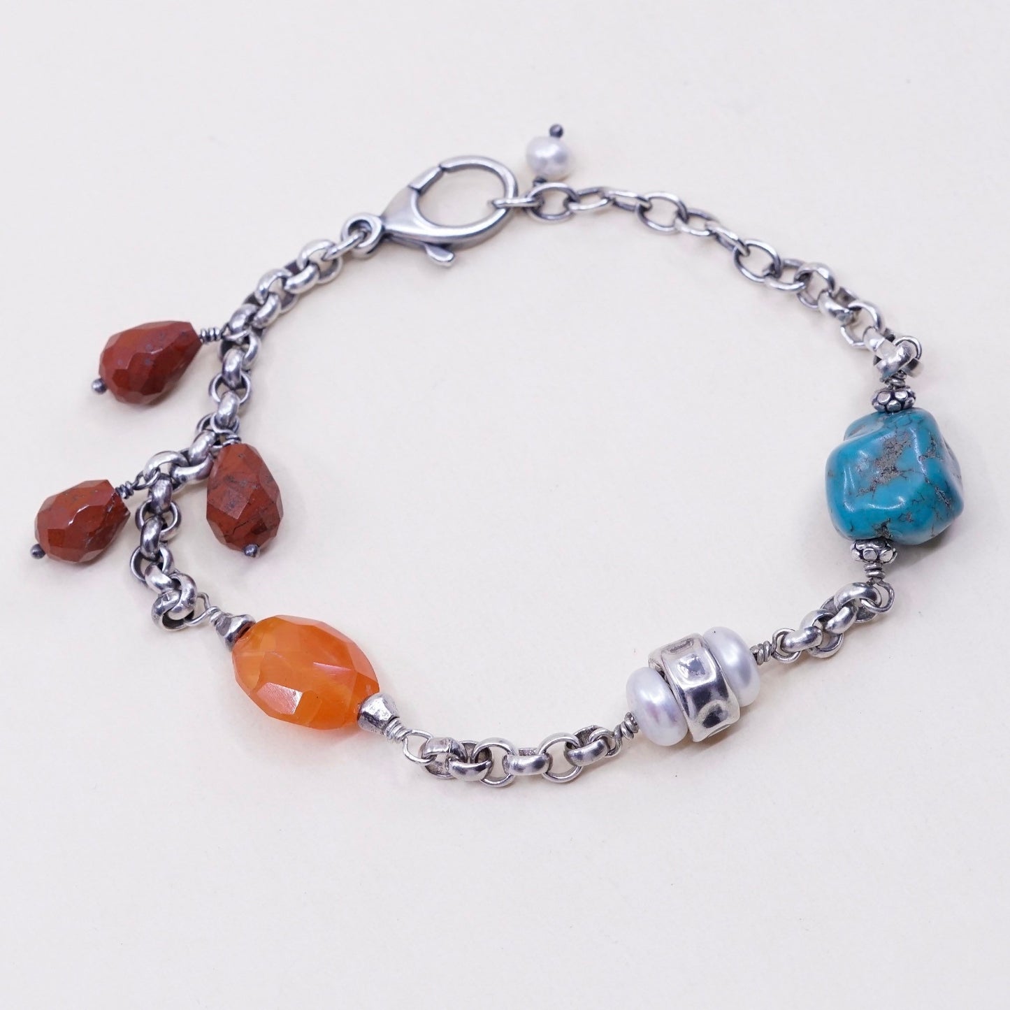 7.5”, Sterling 925 silver circle chain bracelet w/ turquoise carnelian N pearl