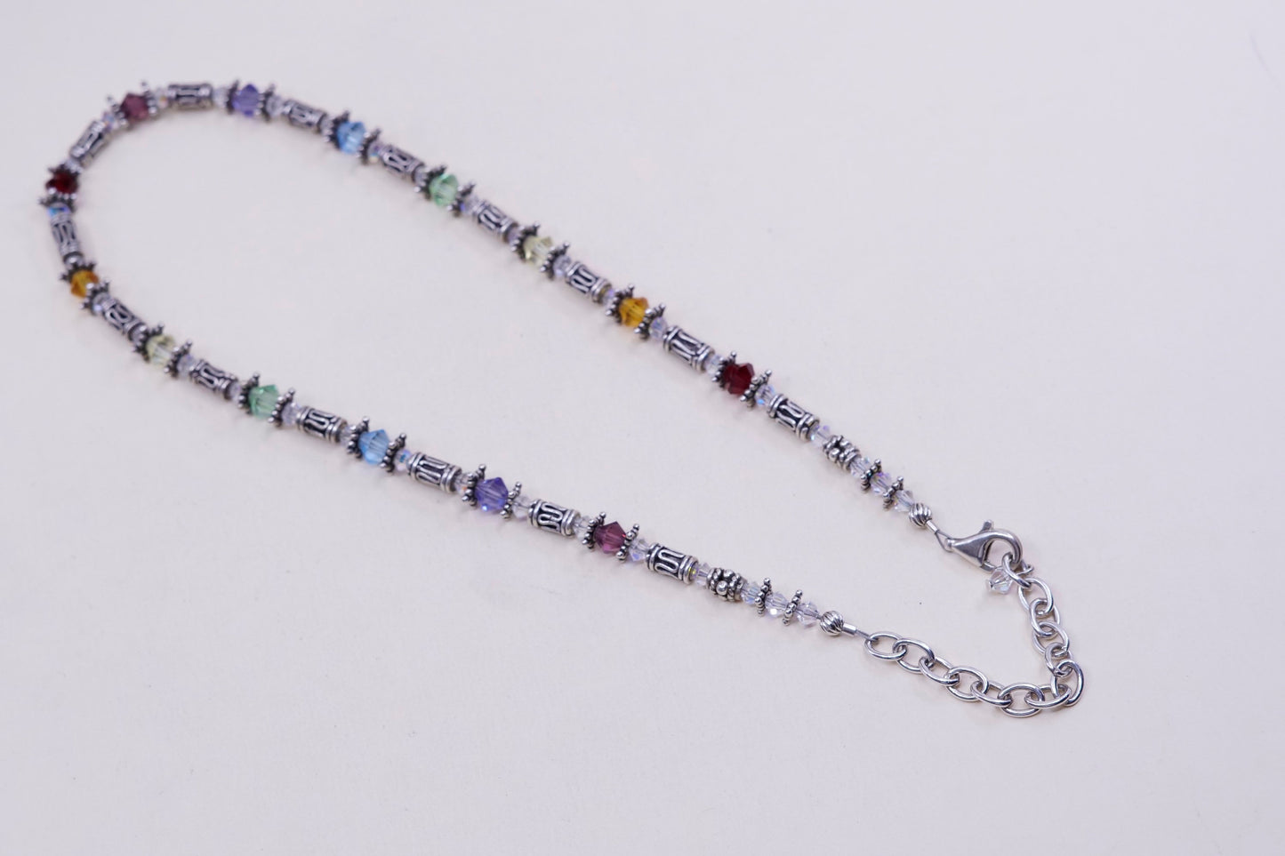 16+2”, sterling silver handmade beads necklace, 925 beads with crystal beads