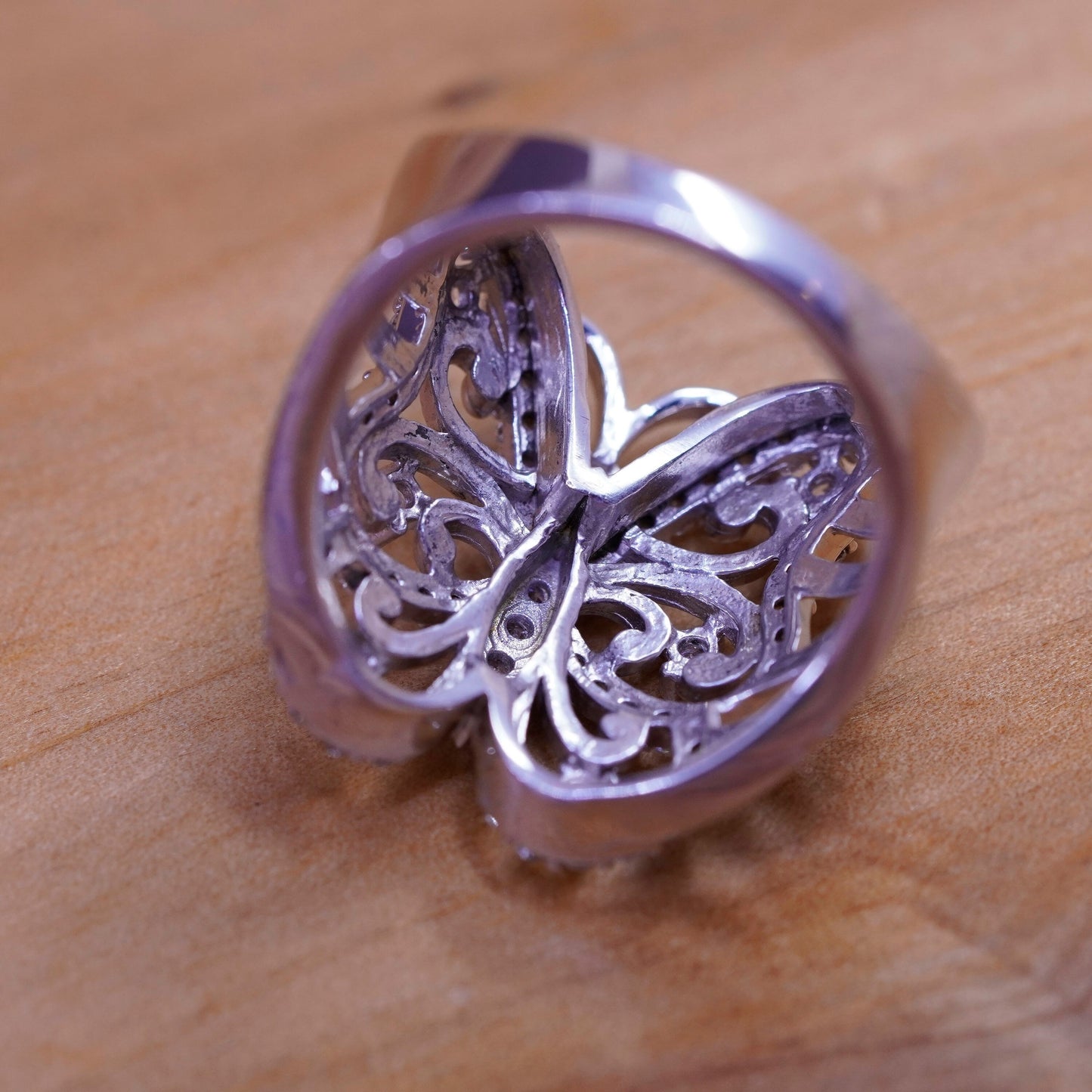 Size 10, vintage SJD Sterling silver ring, 925 butterfly with cluster Cz