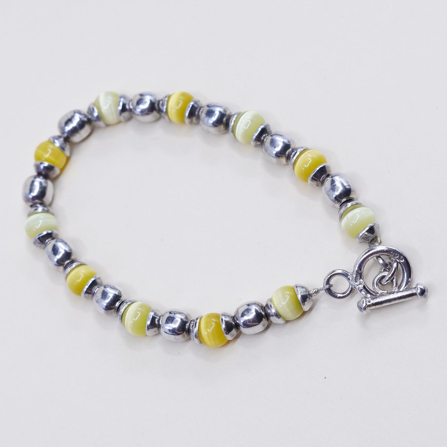 6.5”, vtg sterling 925 silver handmade bracelet, yellow tiger eye beads