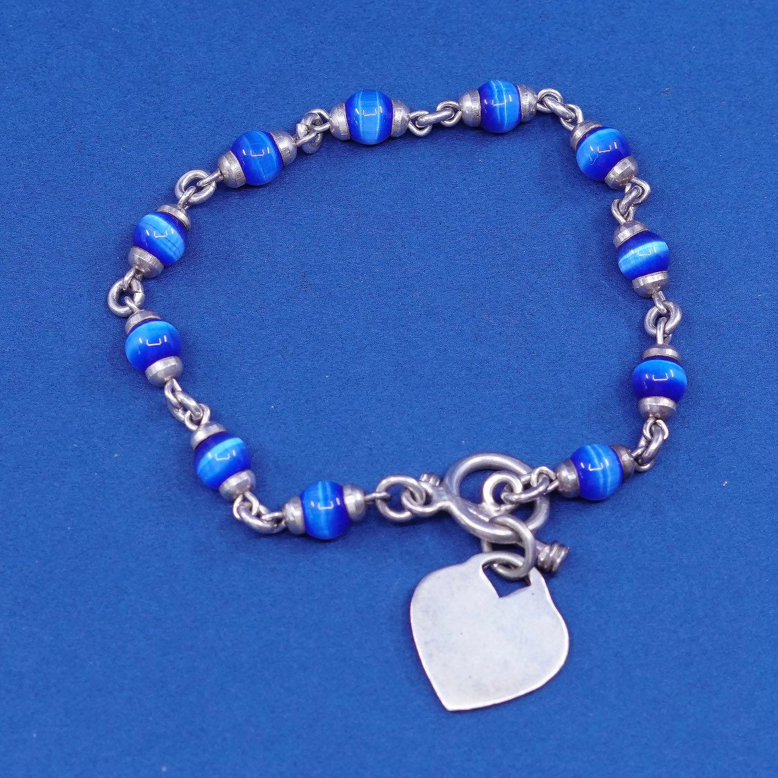 6.5", Sterling silver handmade bracelet, mexico 925 w/ blue tiger eye N heart