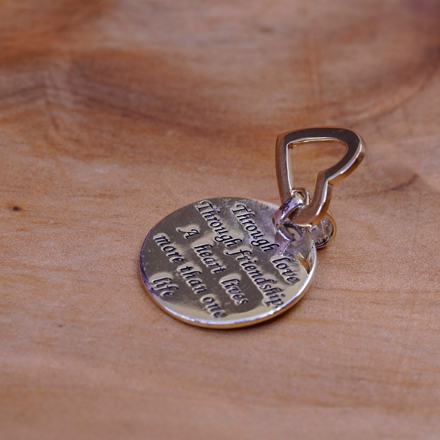 vermeil Sterling silver quote pendant, 925 circle “love through friendship