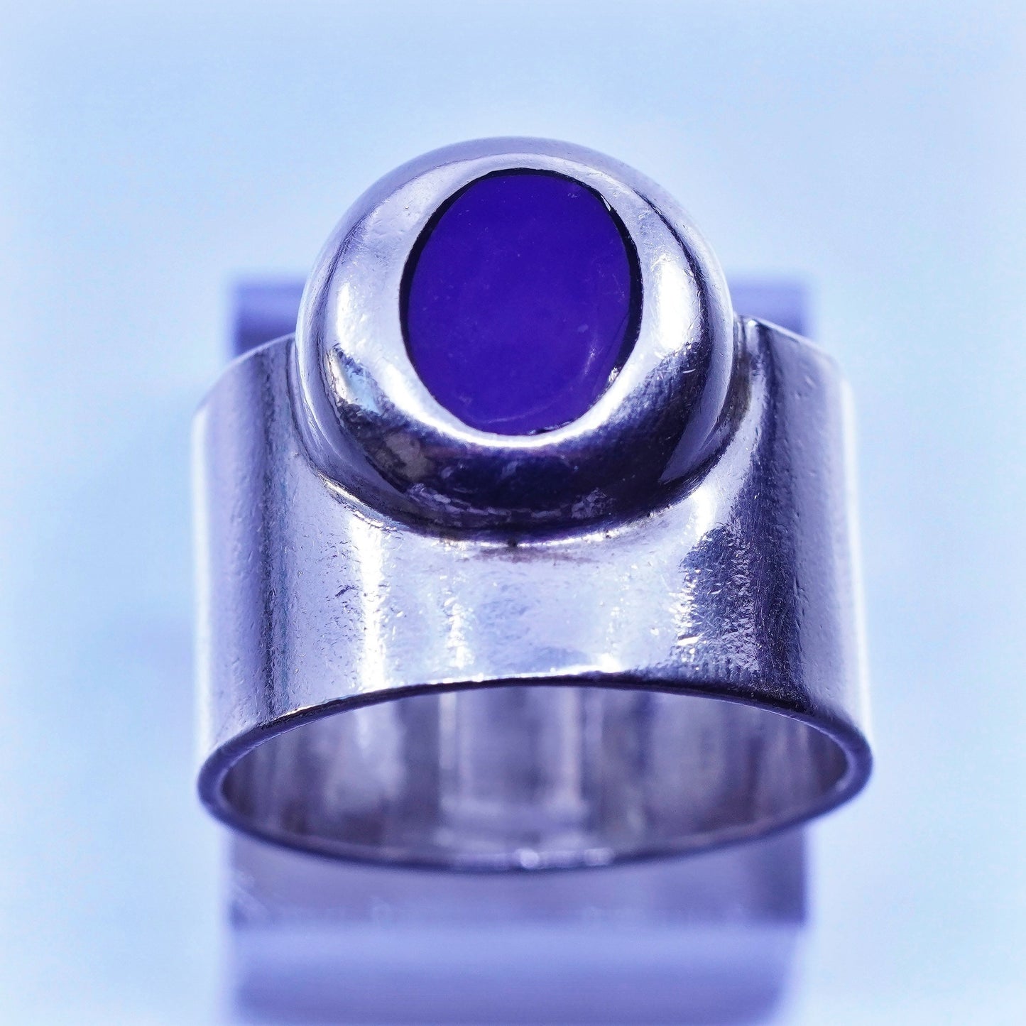 Size 6.75, vintage Mexico Sterling 925 silver handmade wide ring with blue onyx