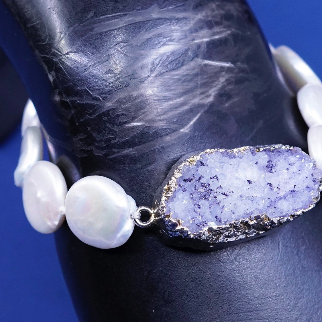 6.75", Sterling silver handmade bracelet, 925 clasp w/ pearl beads N amethyst