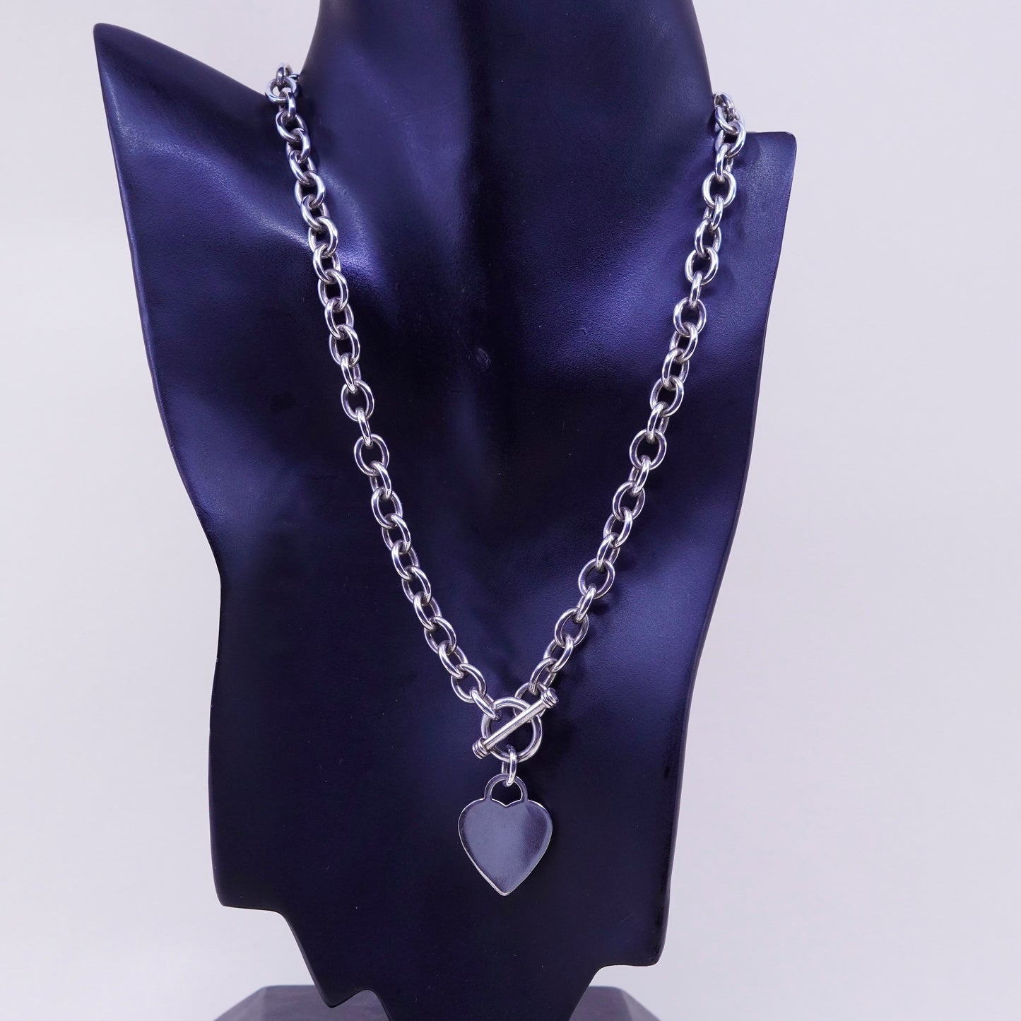 18”, sterling silver charm necklace, 925 handmade bold circle chain heart charm